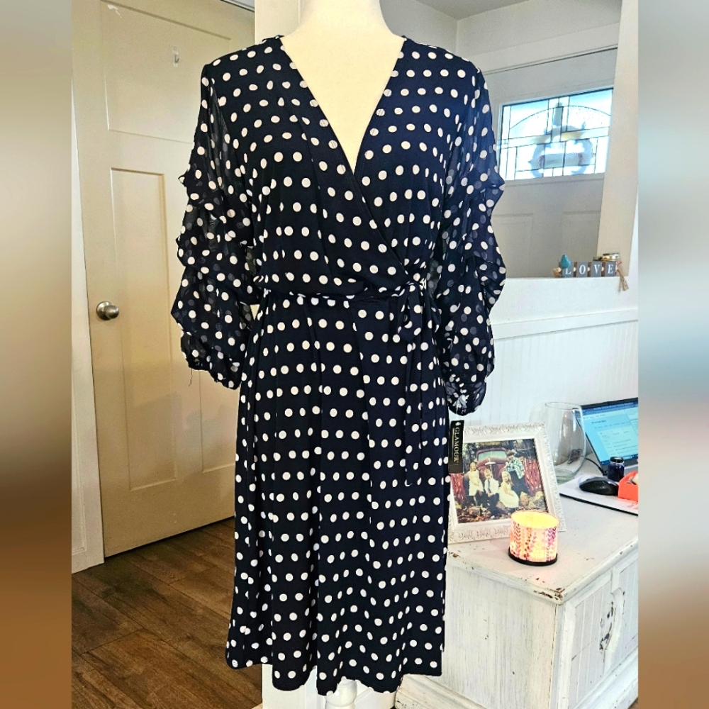 NWT'S - GLAMOUR - Navy w/White Polkadot Cross Bodice Dress - Size 10